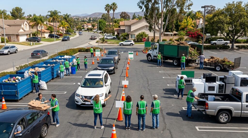 Organized recycling collection area at a Garden Grove neighborhood cleanup event.